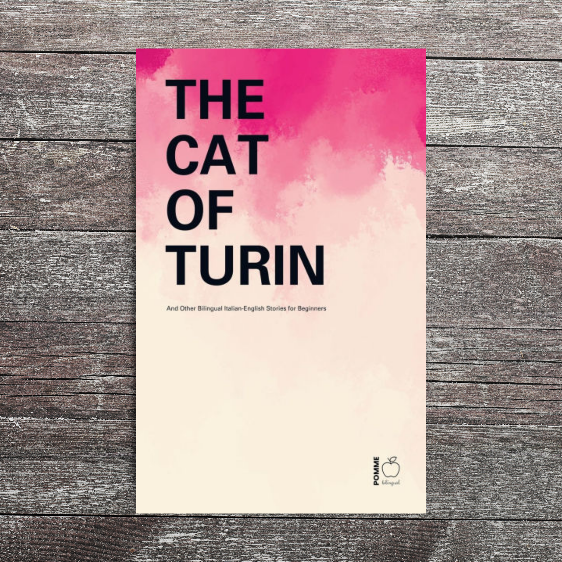 A book cover titled "The Cat of Turin" with a pink and cream abstract design.