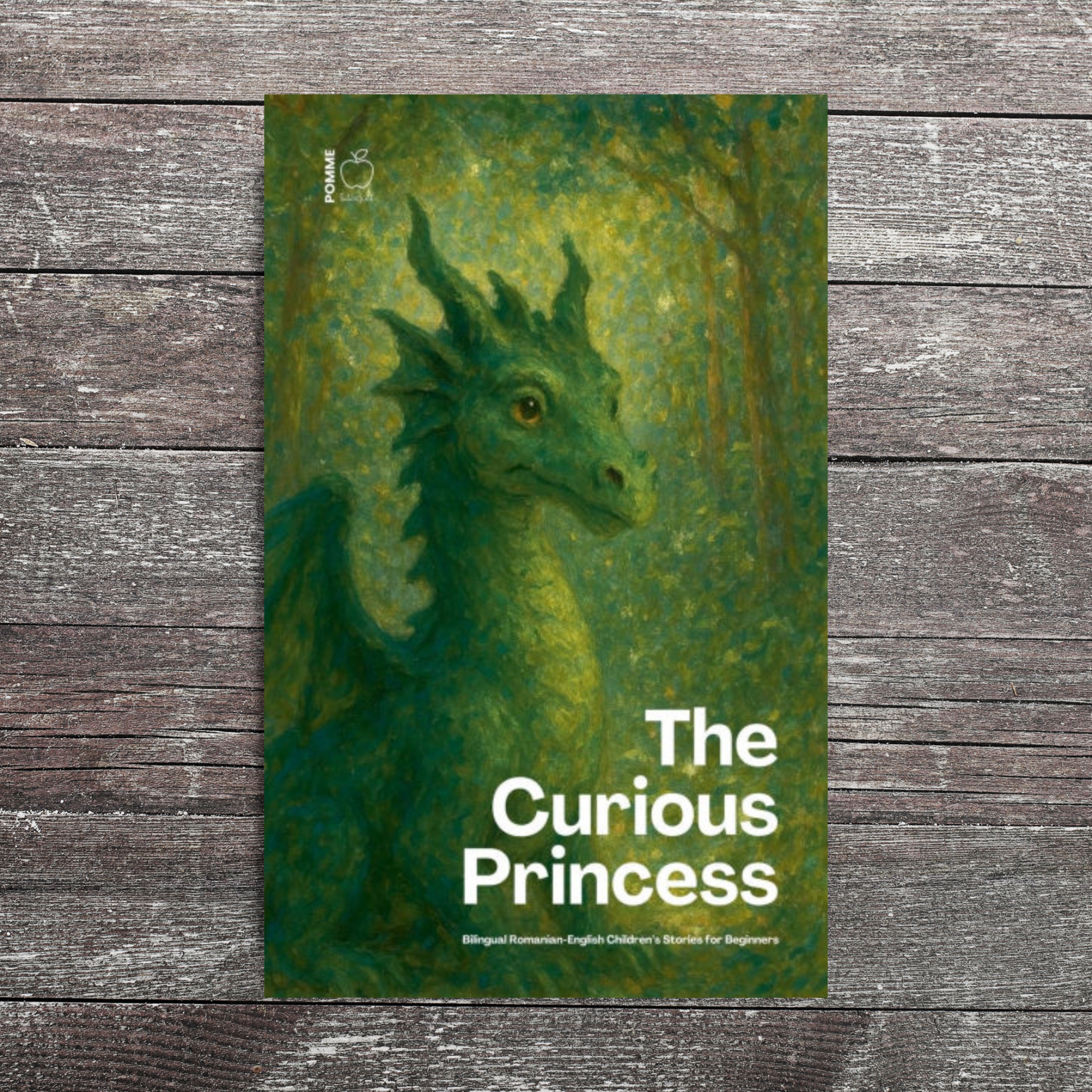 A green dragon with a curious expression against a forest background; book cover design.