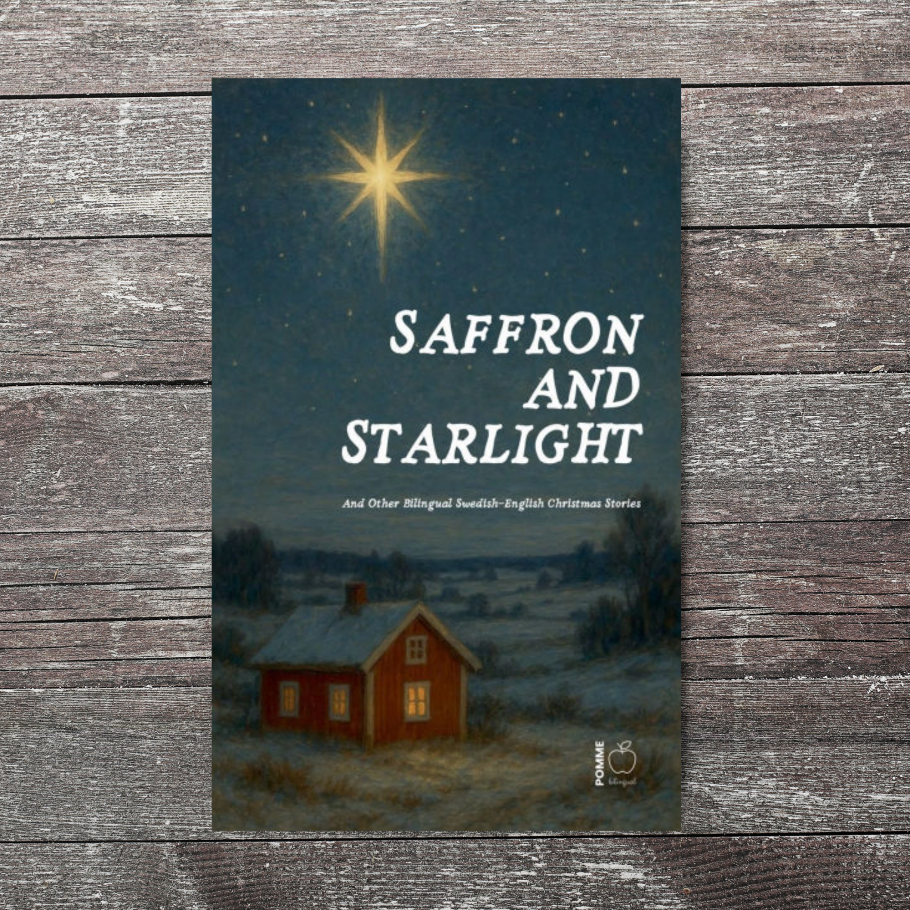 Book cover of "Saffron and Starlight" featuring a starry night sky above a small red house.