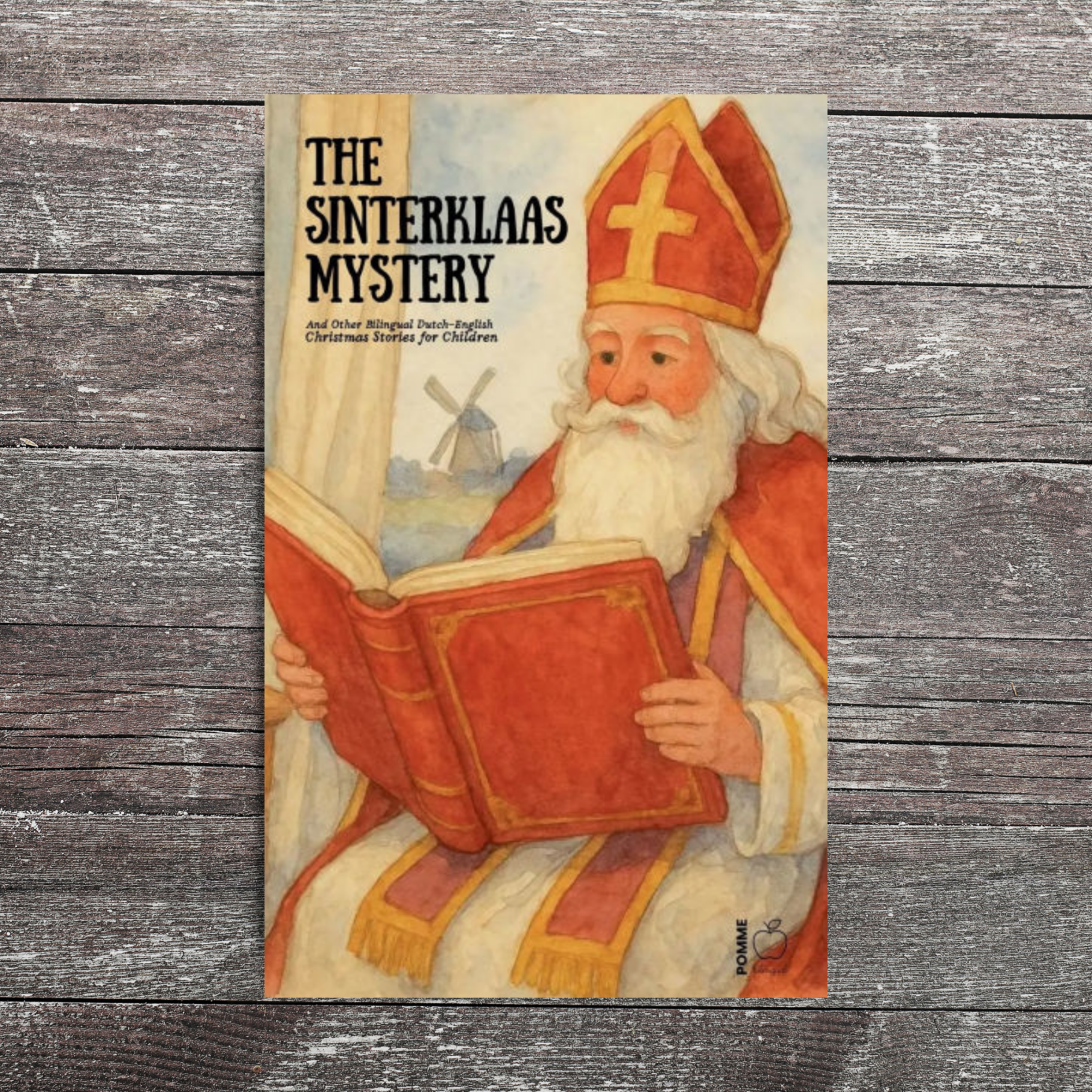 Illustration of a bishop in red robes reading a large book, with a windmill in the background.