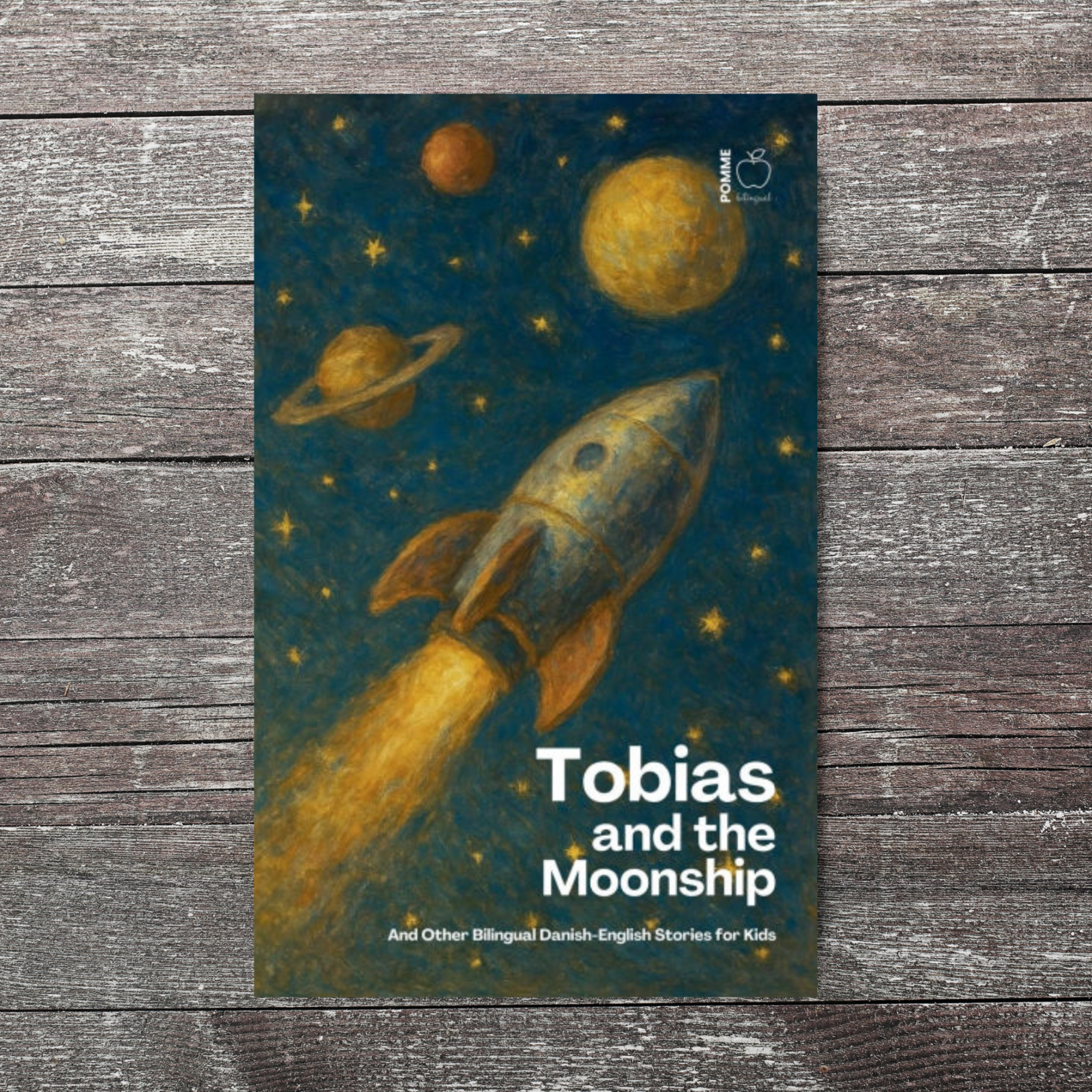 Book cover featuring a rocket launching towards planets and stars, titled "Tobias and the Moonship."