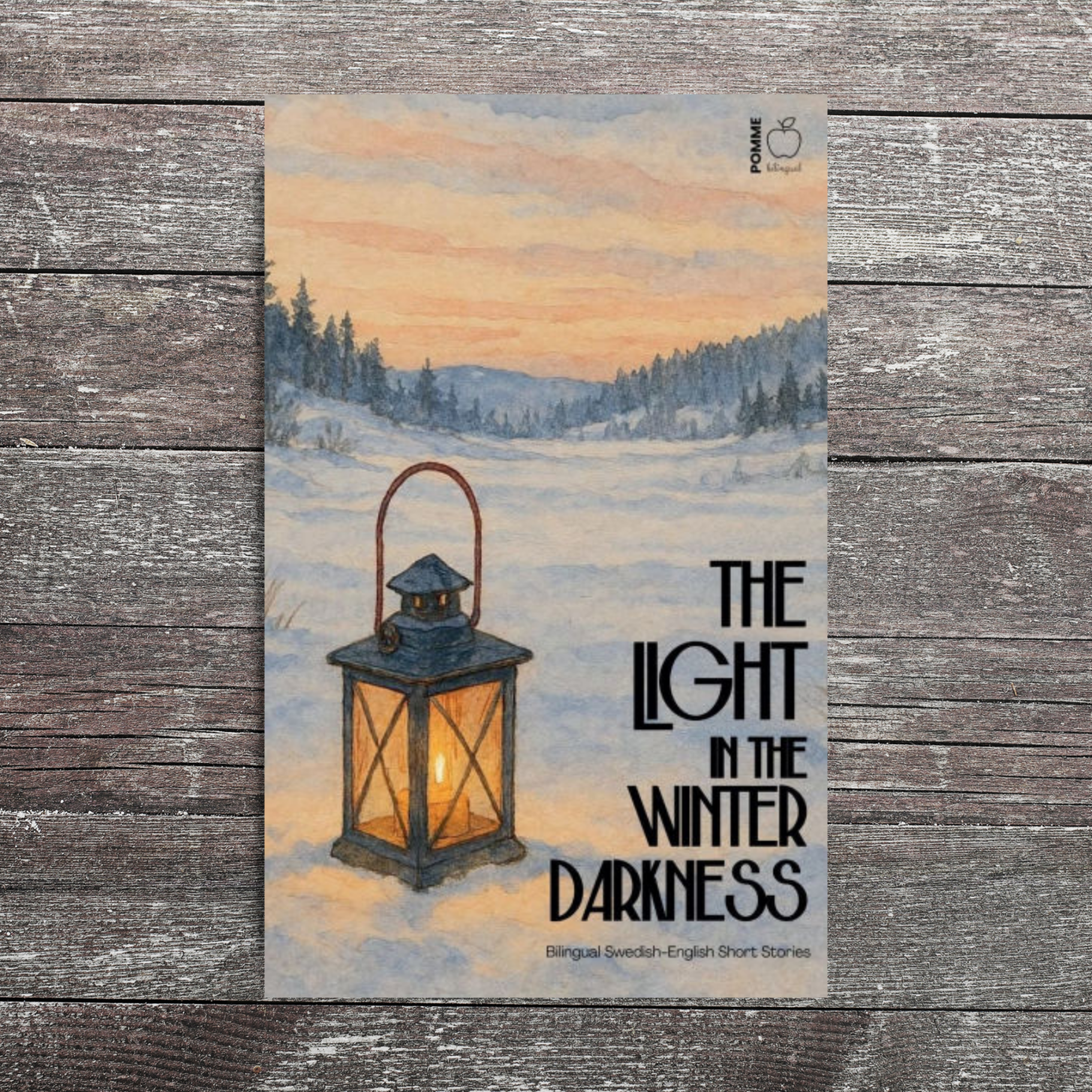 A lantern glowing in a snowy landscape at dusk with soft mountains in the background.