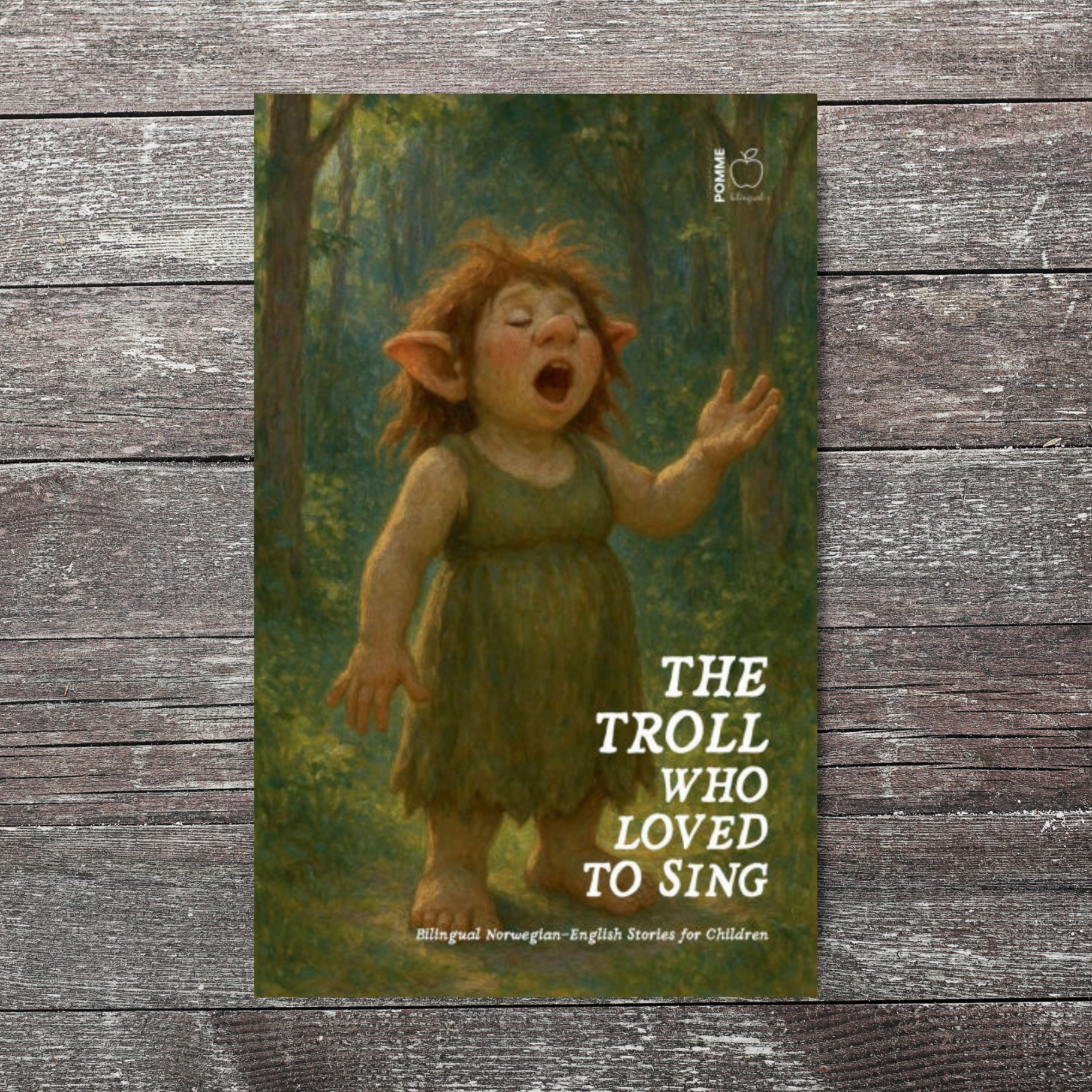 A joyful troll with brown hair singing in a forest, wearing a green dress.