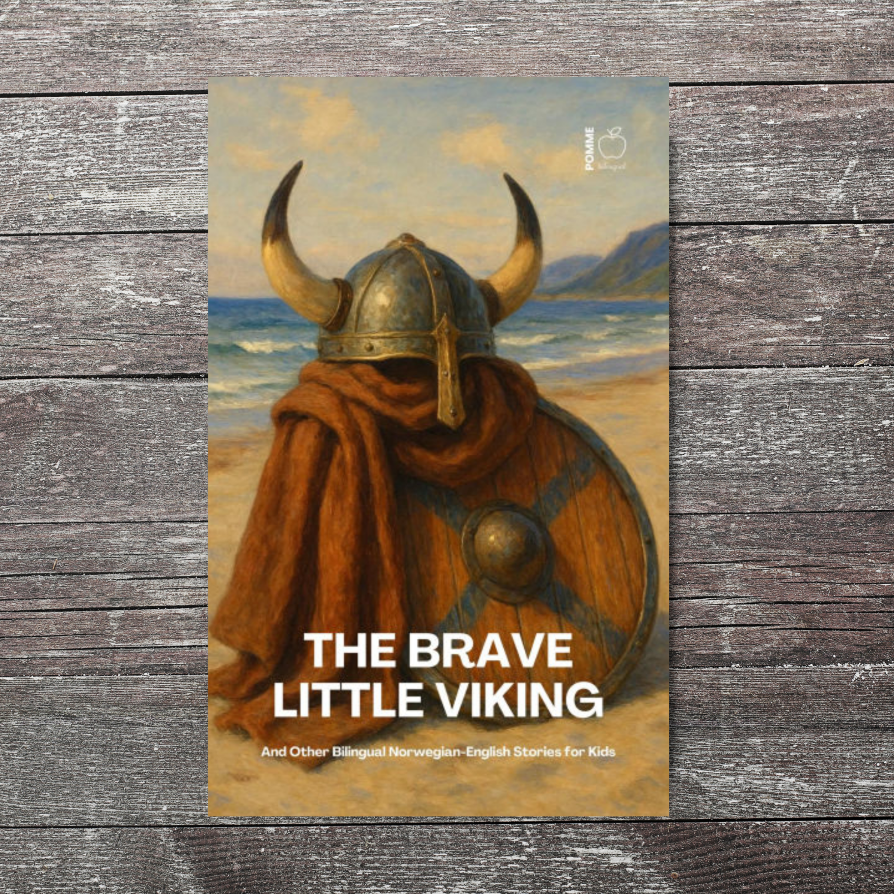 A Viking warrior in a helmet and cloak stands on a beach, with a shield resting beside him.