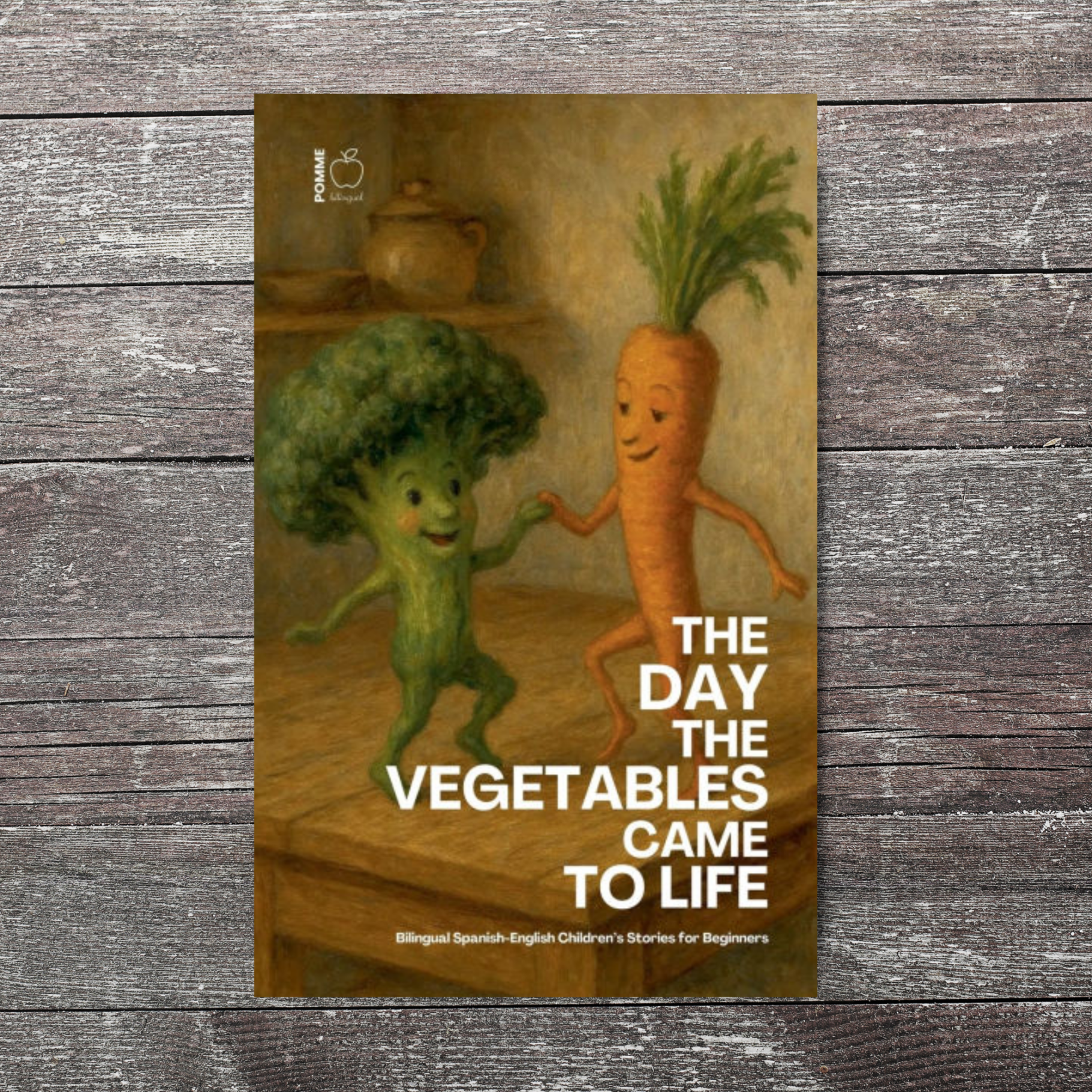 A cheerful broccoli and carrot character dancing on a wooden surface.