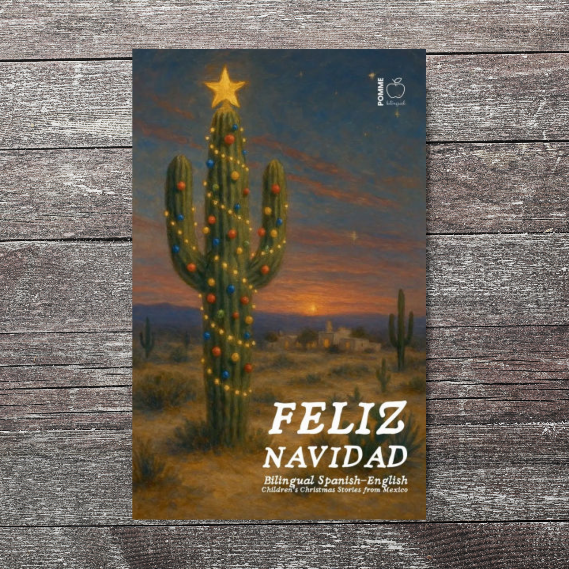 A decorated cactus with a star on top, set against a sunset sky, with "Feliz Navidad" text.