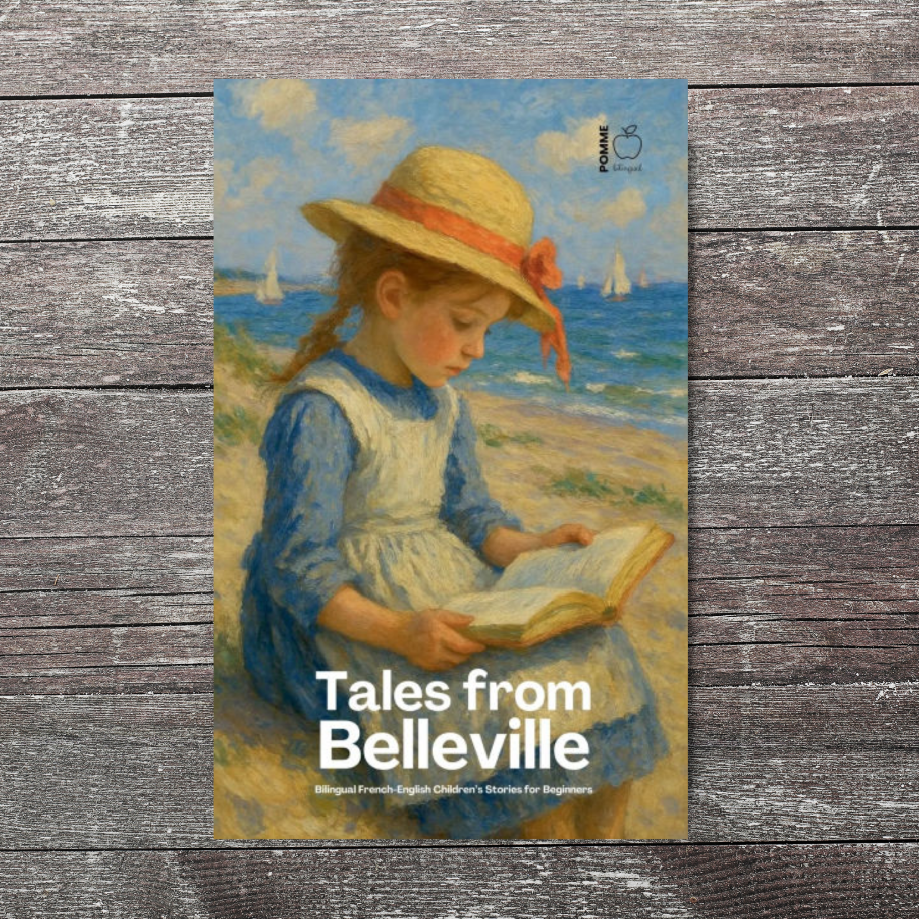 A girl in a straw hat reading a book by the seaside, with sailboats in the background.