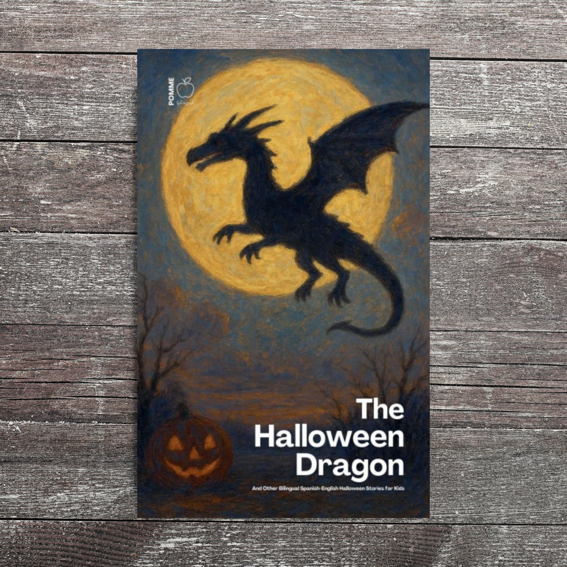 A silhouette of a dragon against a full moon with a pumpkin in the foreground.