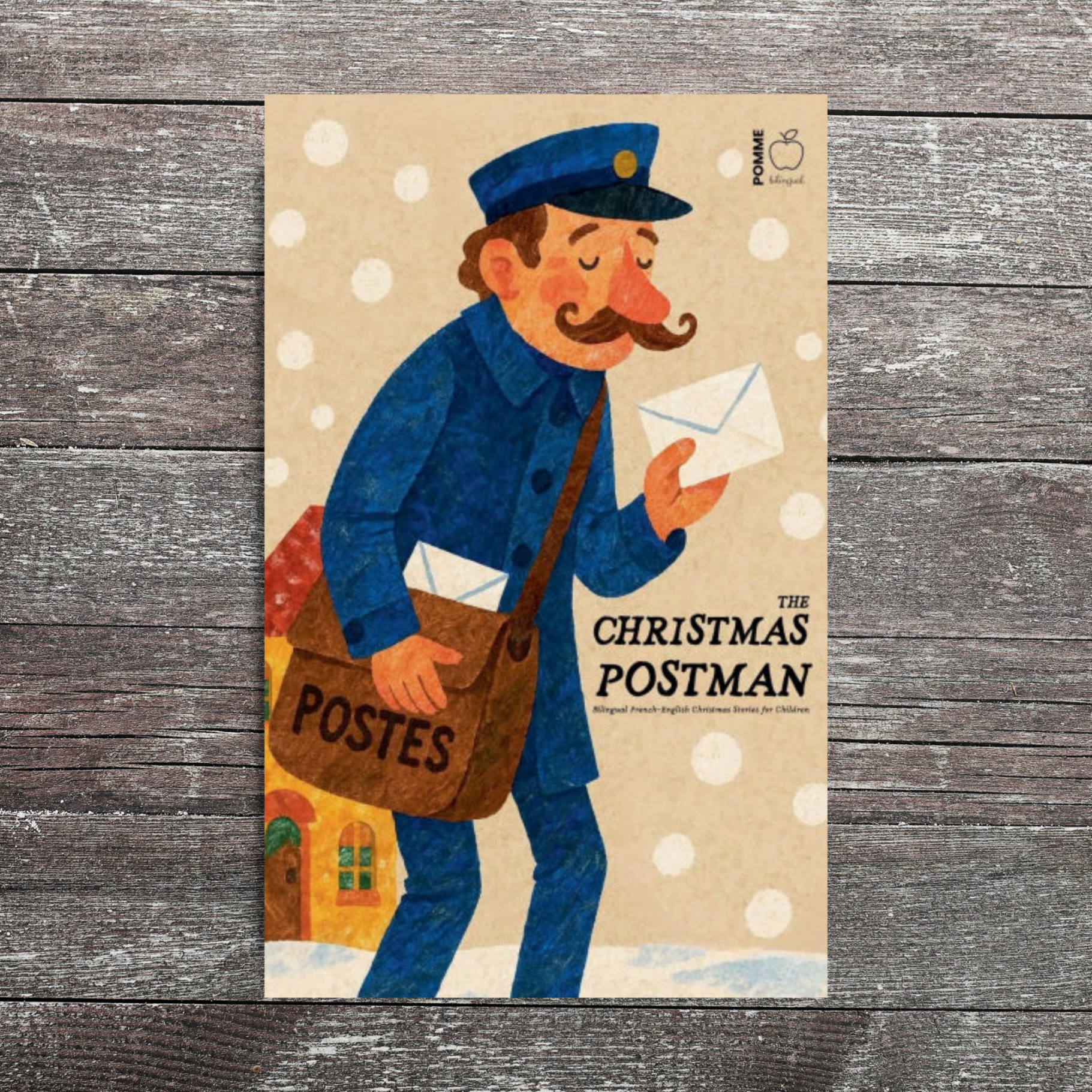 A cheerful postman in a blue uniform holding an envelope, with snowflakes falling around.
