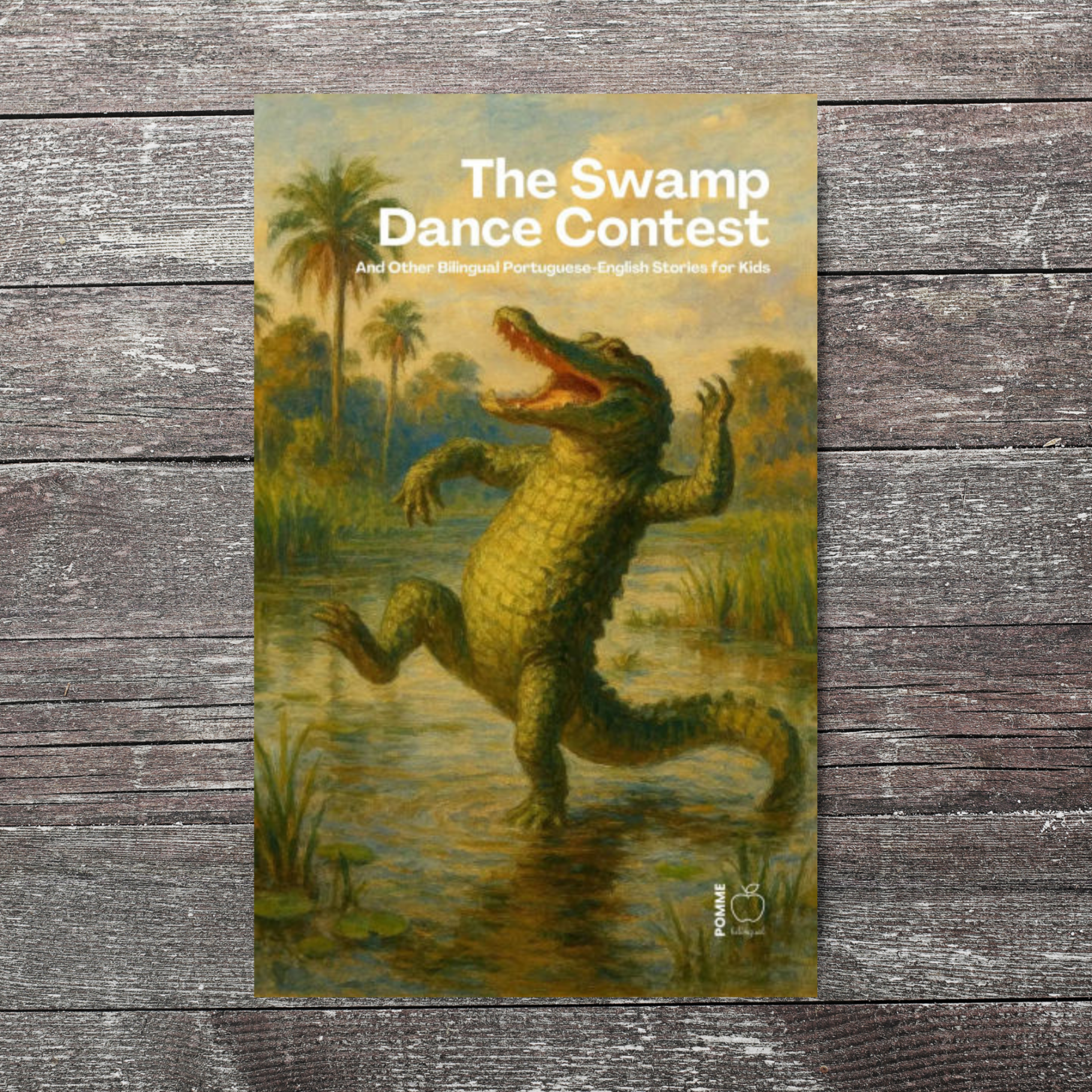 A lively crocodile dances in a swamp, promoting a dance contest.