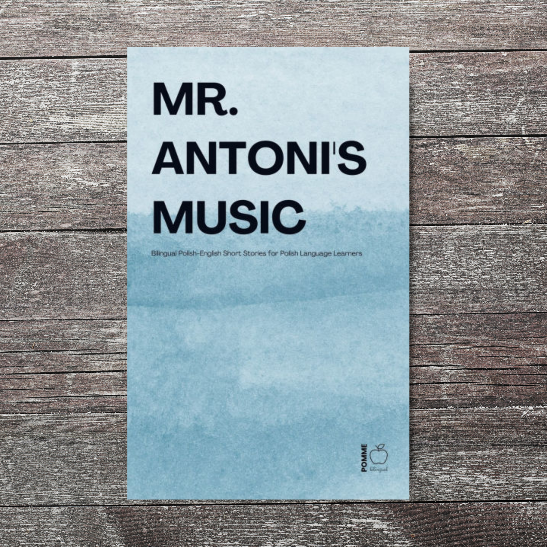 Title page featuring "Mr. Antoni's Music" with a blue watercolour background.