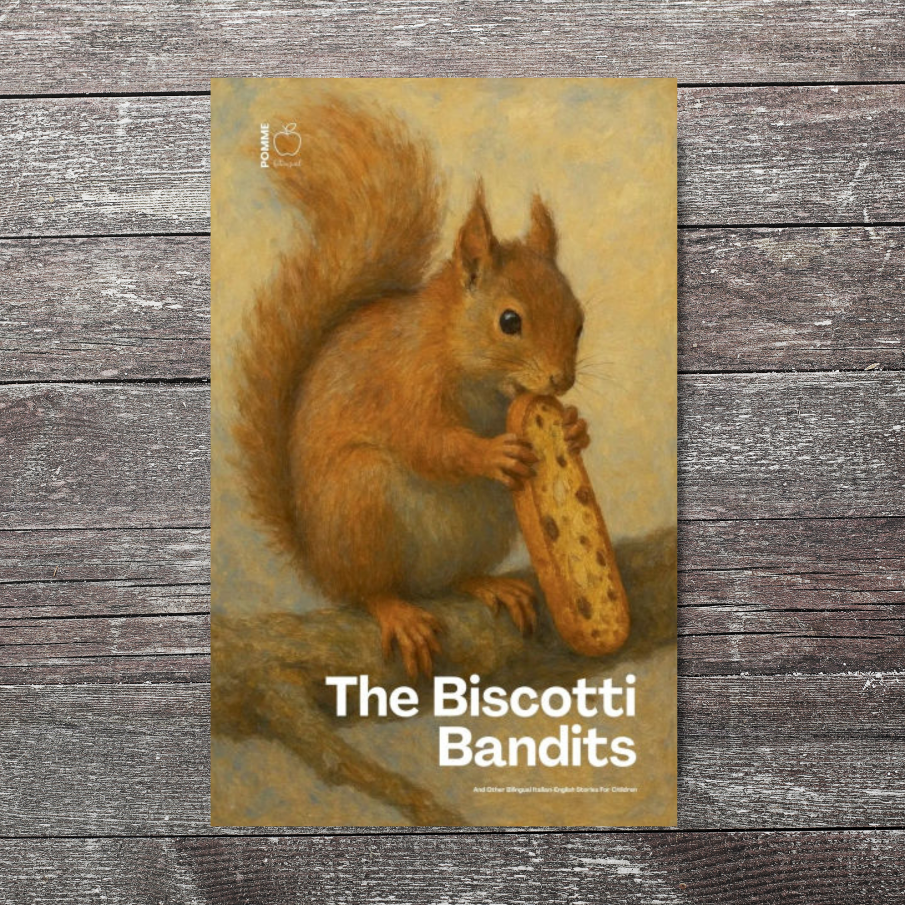 A squirrel holding a biscotti cookie, with the text "The Biscotti Bandits" below.