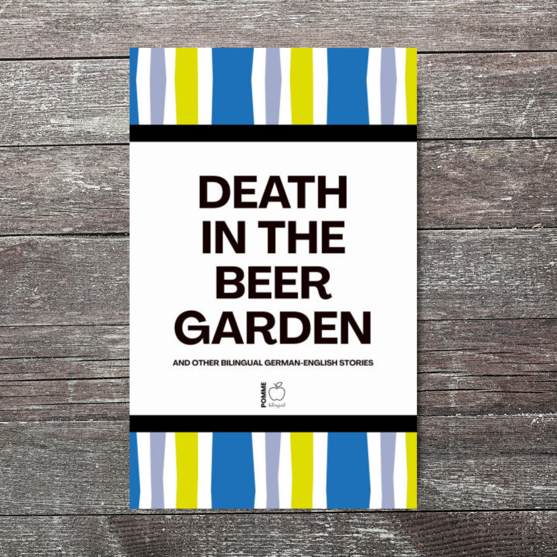 Book cover titled "Death in the Beer Garden" with a striped background in blue and yellow.