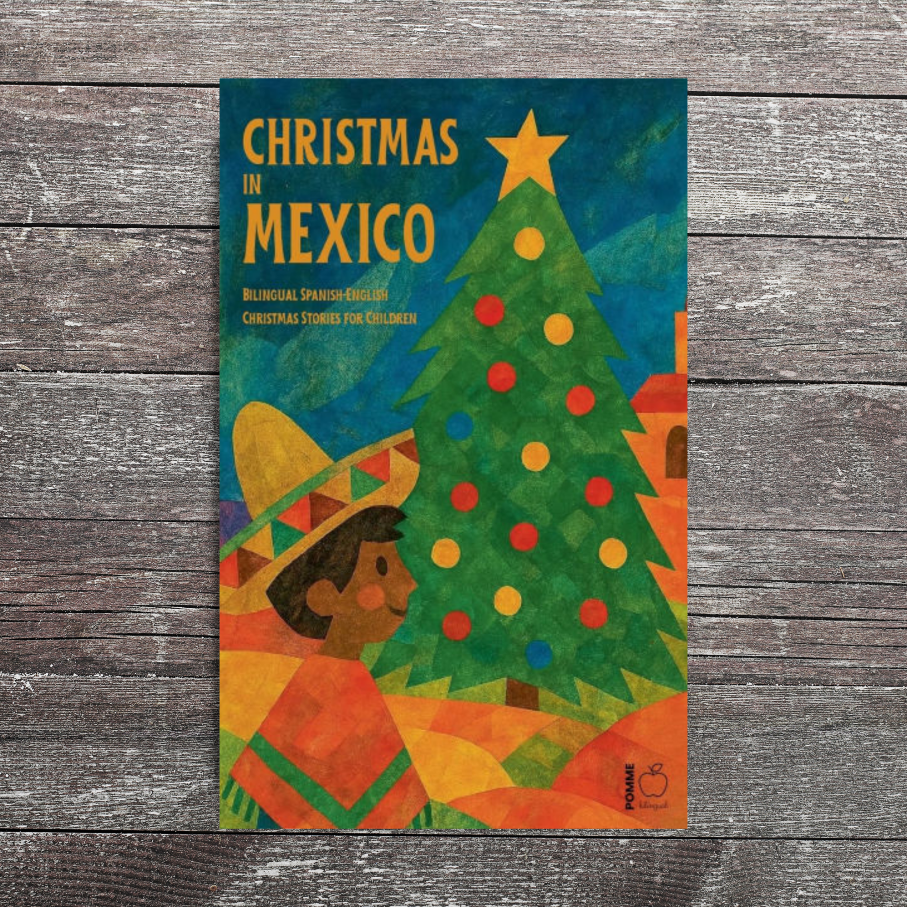 Colourful book cover titled "Christmas in Mexico" featuring a child by a decorated Christmas tree.