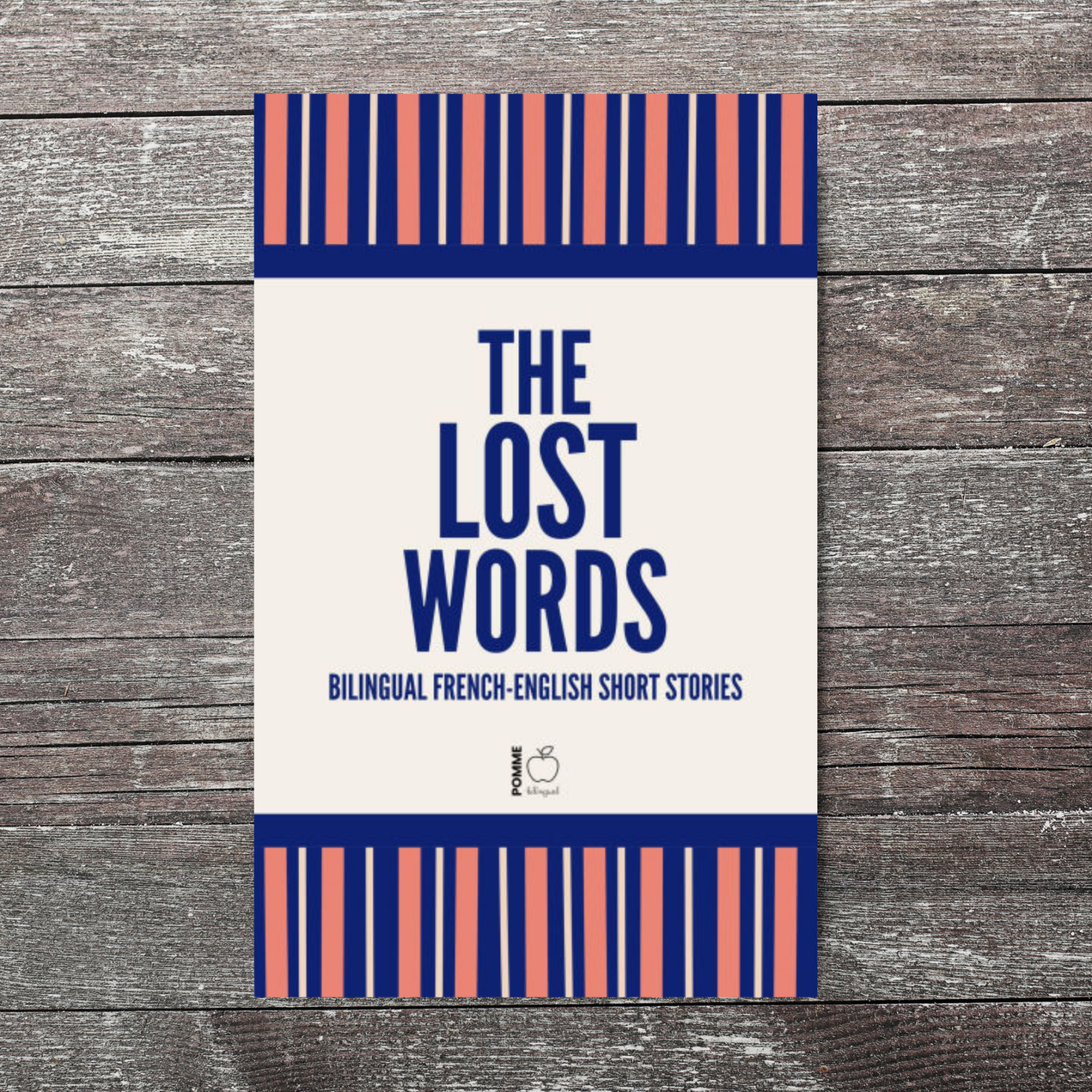 Book cover titled "The Lost Words" featuring bold text and a striped border.