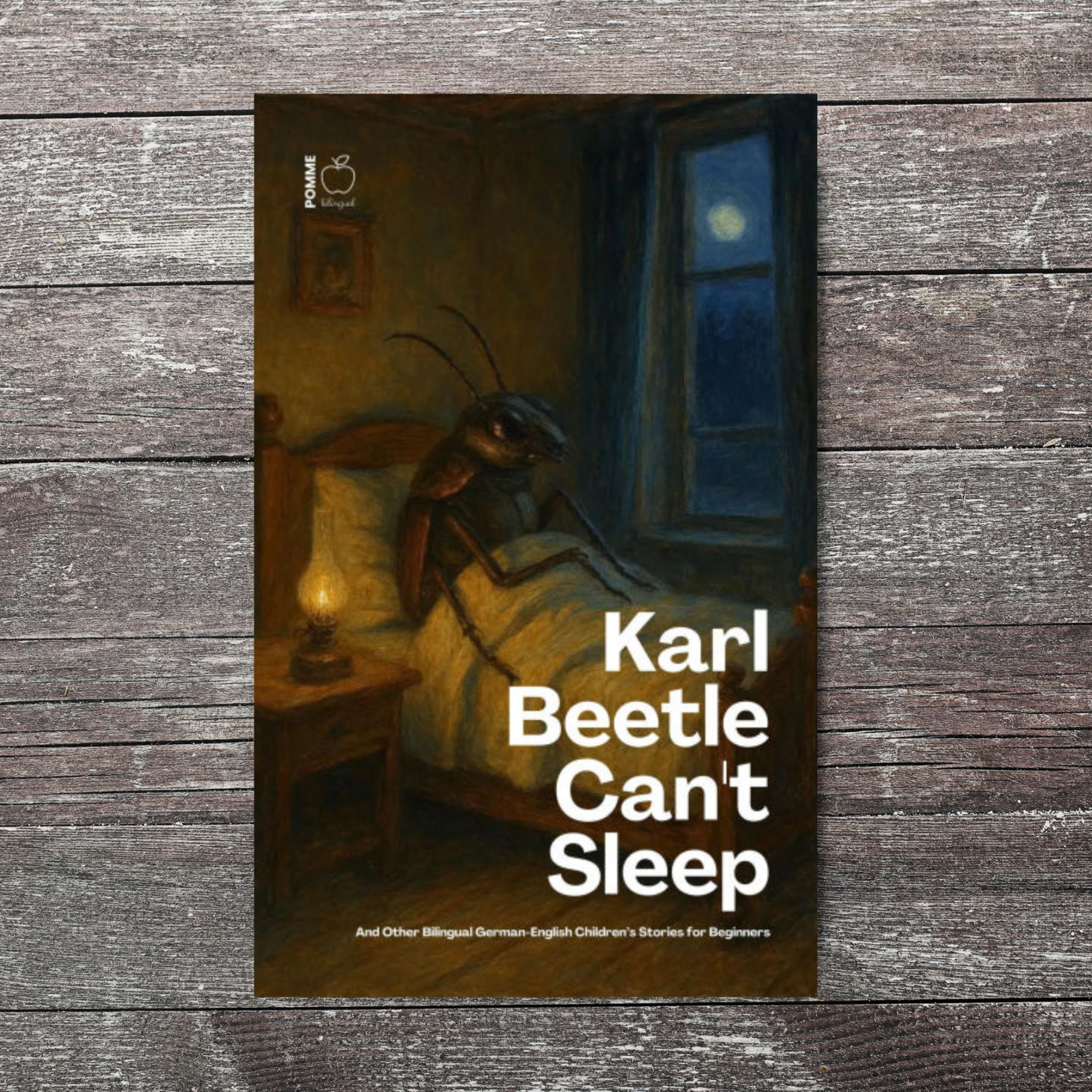 A book cover featuring a bug in bed, looking out at a night sky with a moon.
