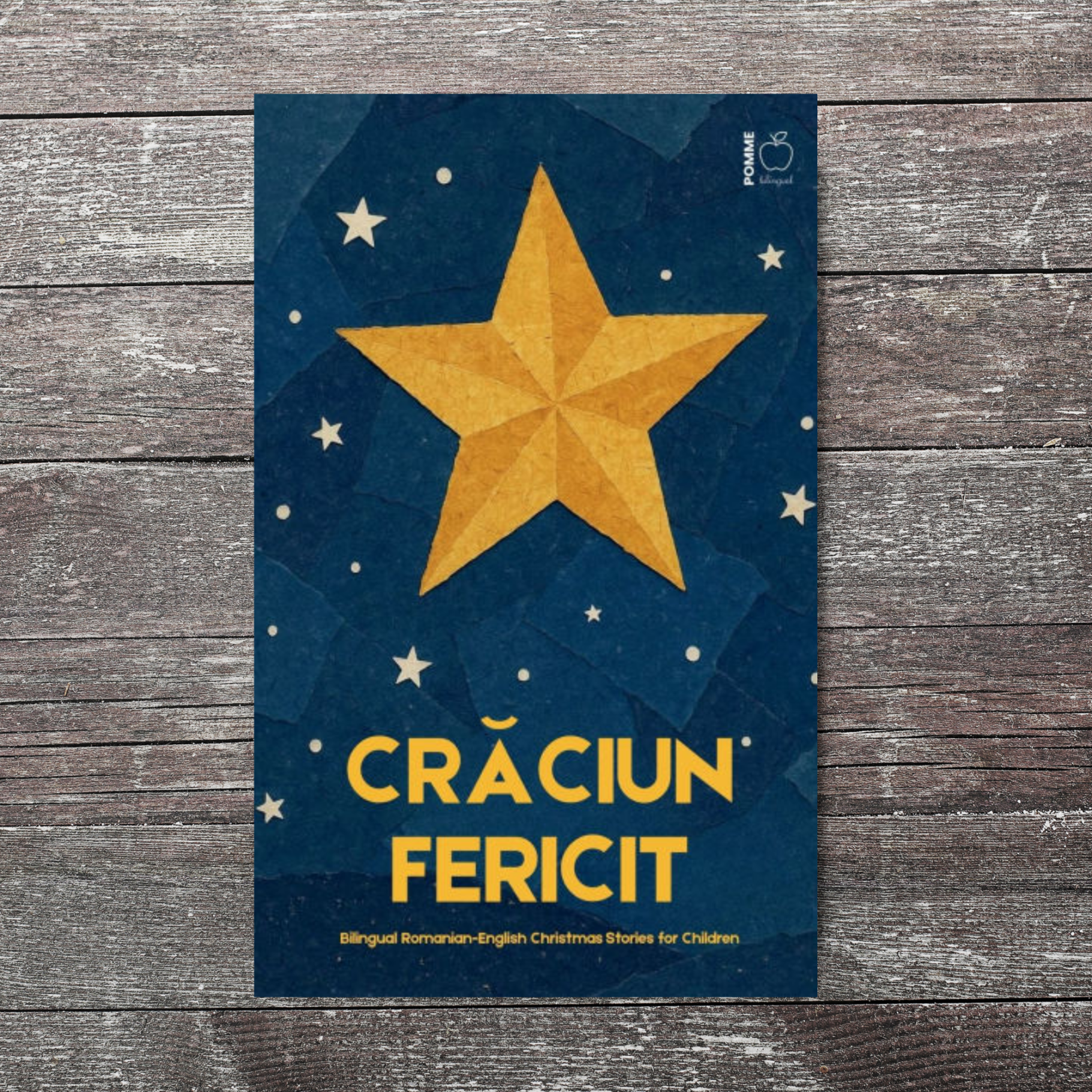 A golden star on a blue background with the text "Crăciun Fericit" beneath it.