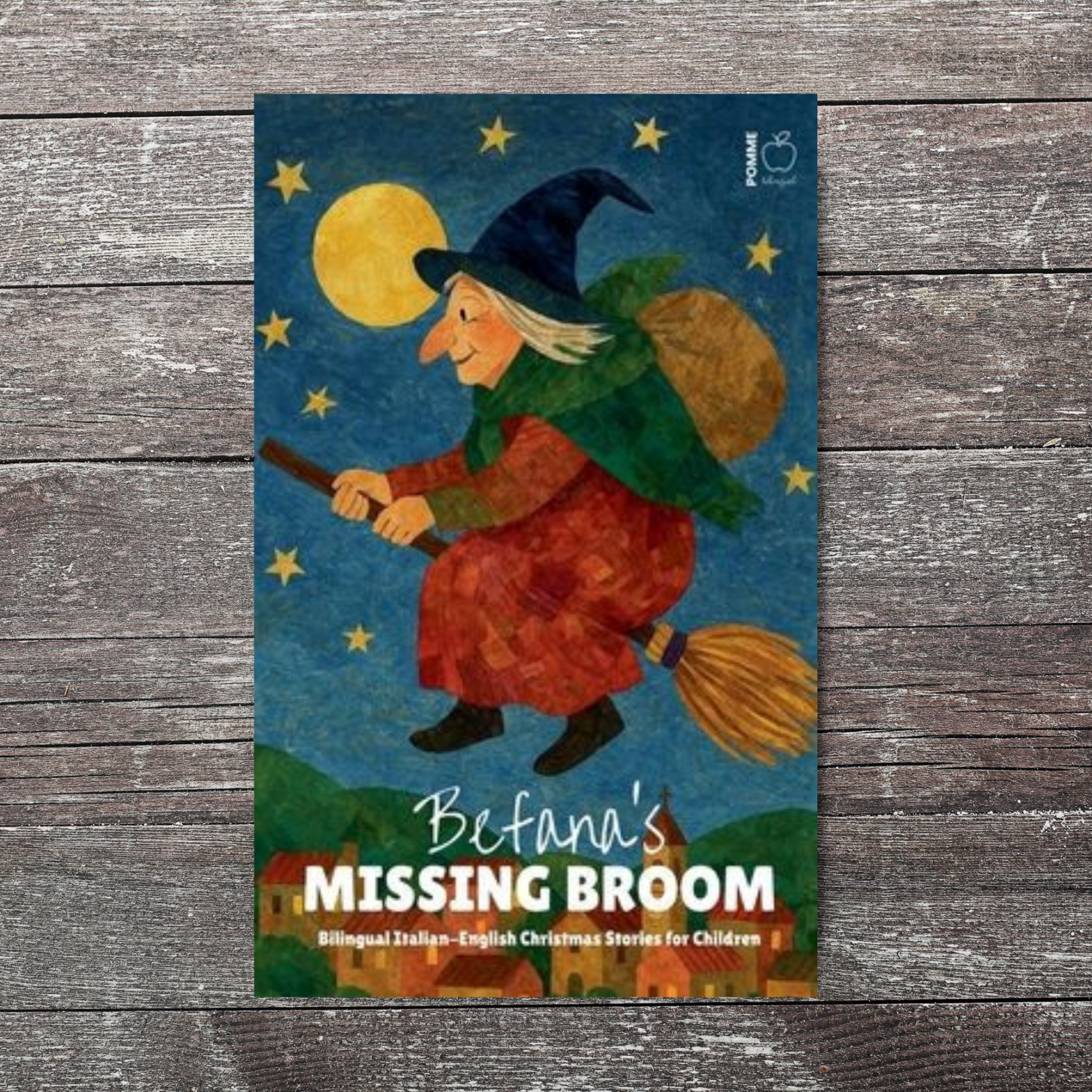 A whimsical illustration of a flying witch with a broom under a bright moon and stars.