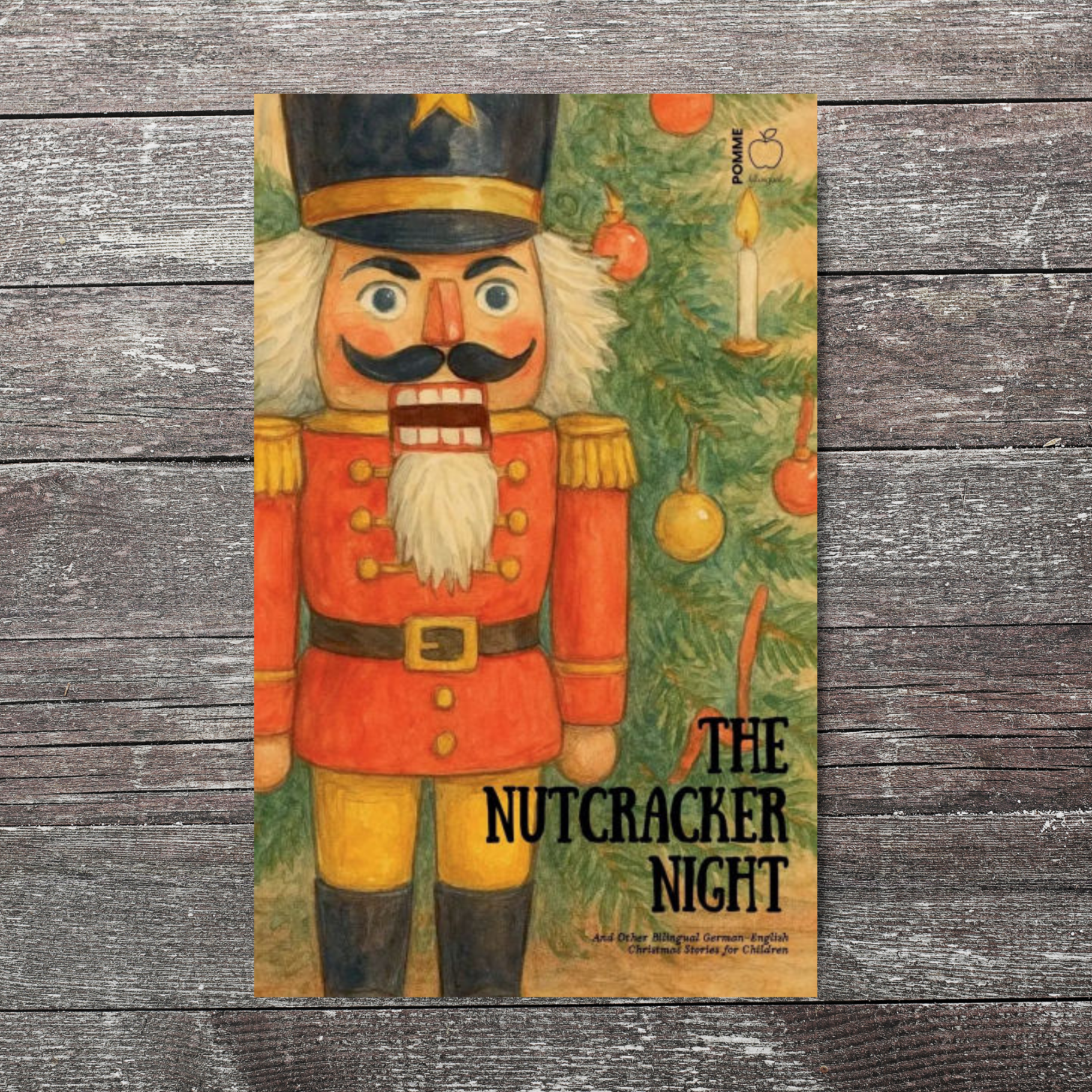 A festive nutcracker soldier beside a decorated Christmas tree, titled "The Nutcracker Night."