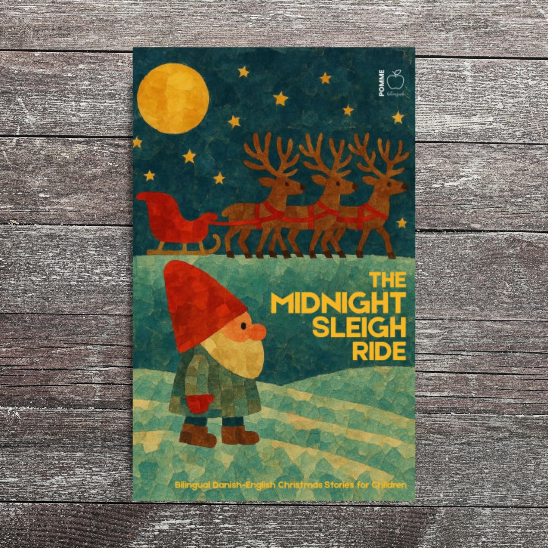 A gnome stands in front of reindeer pulling a sleigh under a starry night sky.