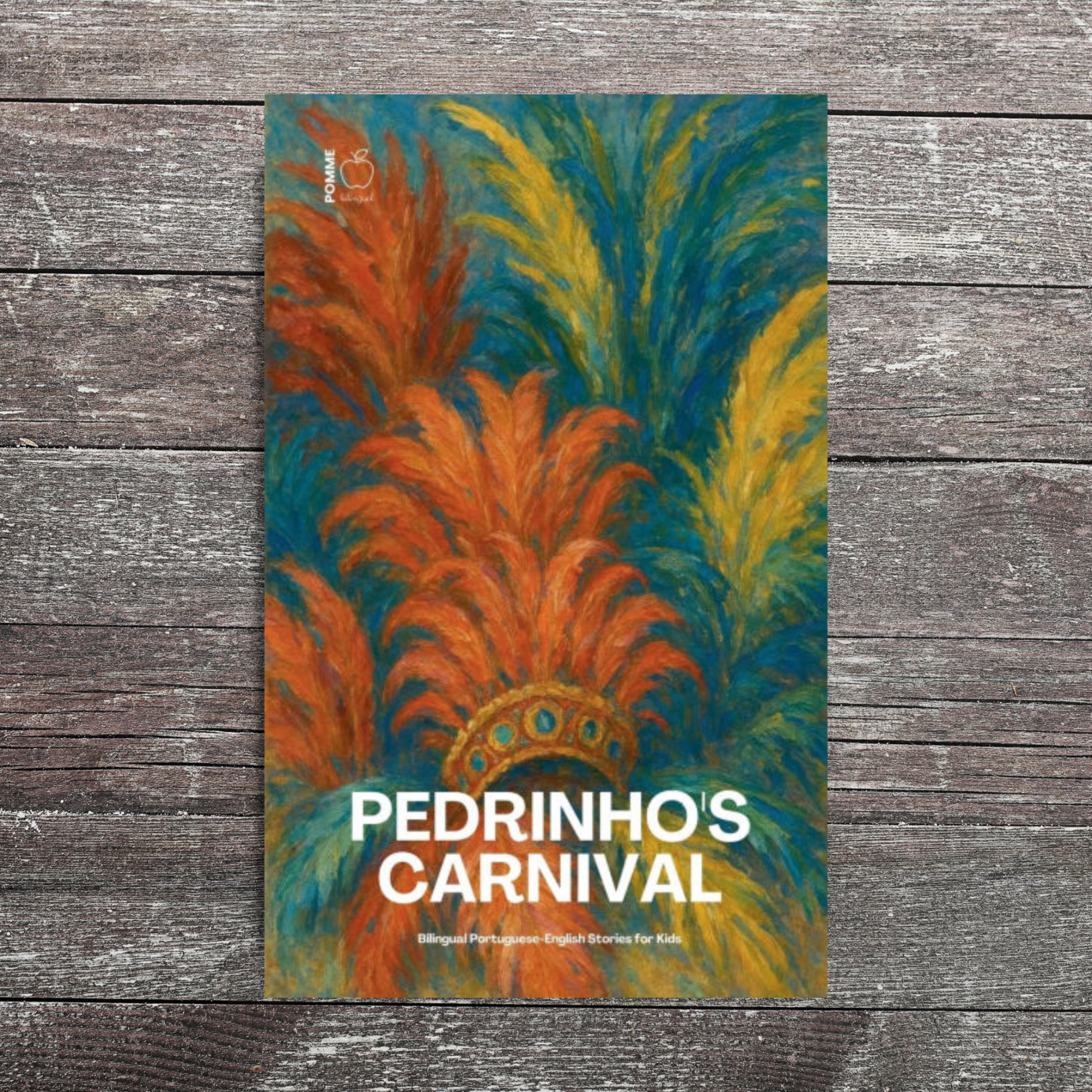Colourful tropical foliage with "PEDRINHOS CARNIVAL" text on a textured wooden background.
