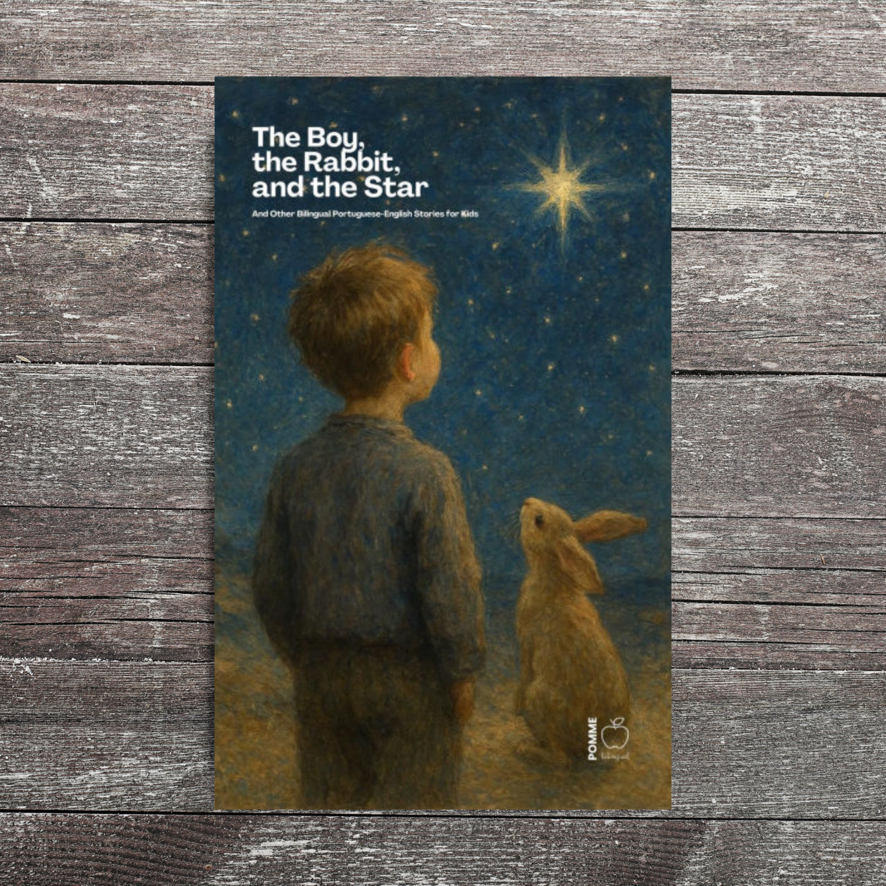 A boy and a rabbit gaze at a glowing star in a night sky.