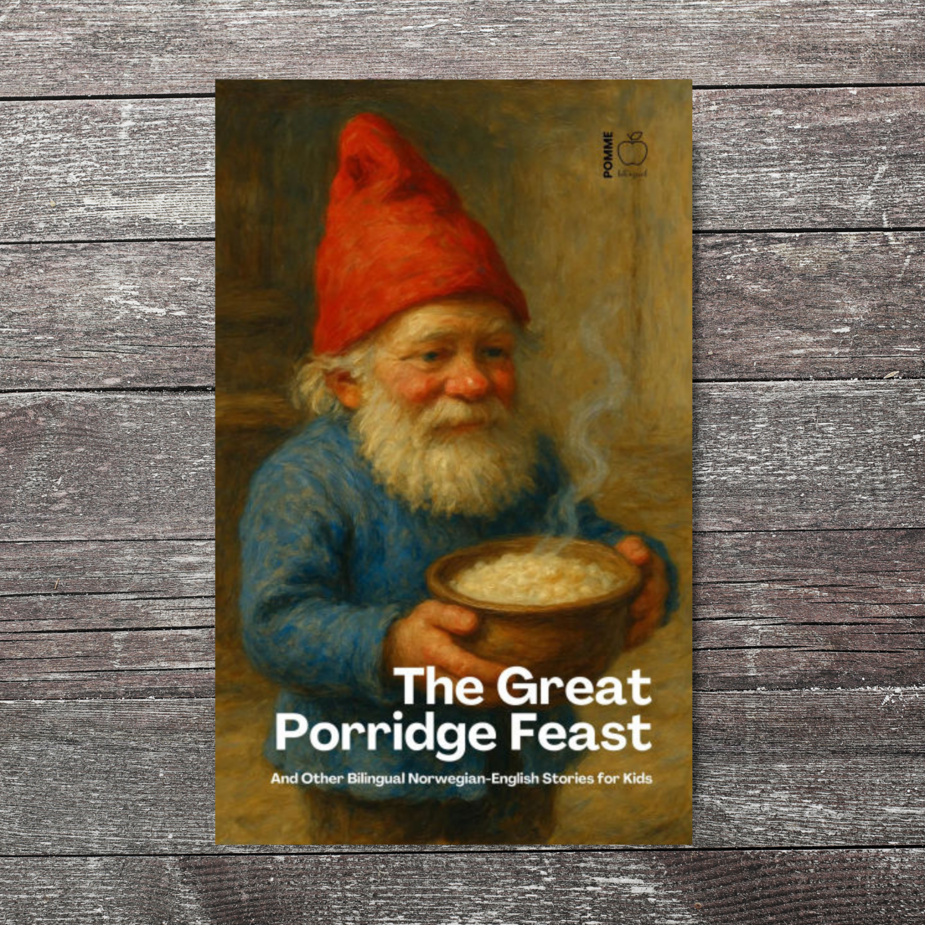A gnome in a red hat holds a bowl of porridge, smiling warmly.