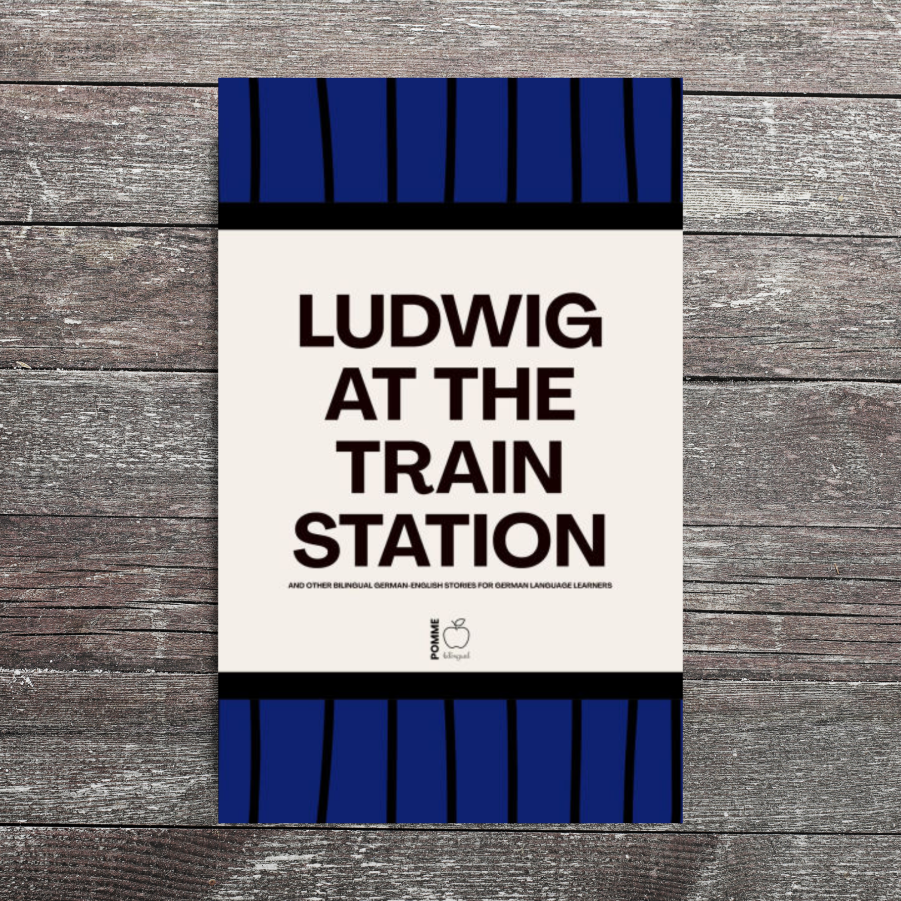 Book cover titled "Ludwig at the Train Station" on a wooden surface.