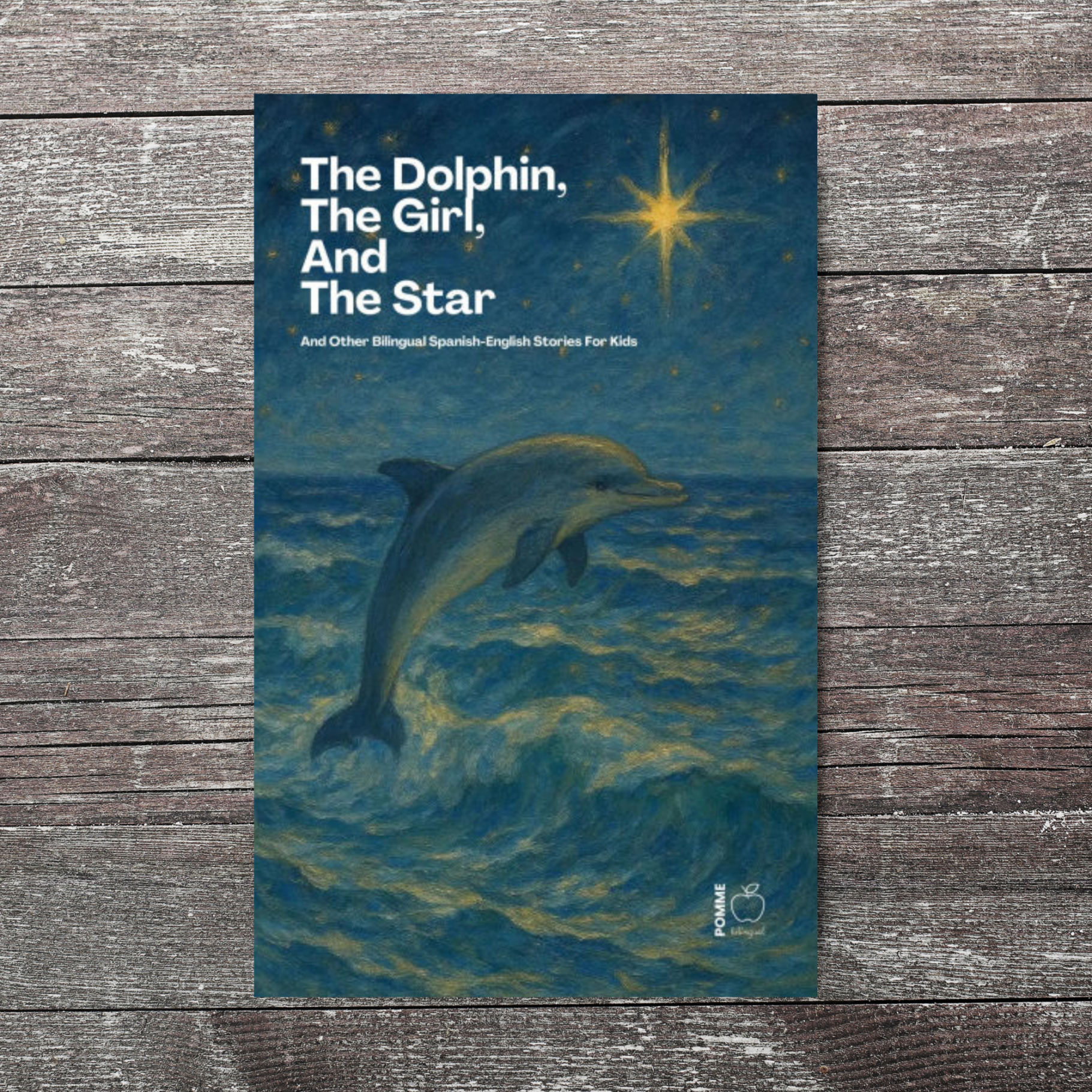 Cover of "The Dolphin, The Girl, And The Star" featuring a dolphin and waves under a starry sky.